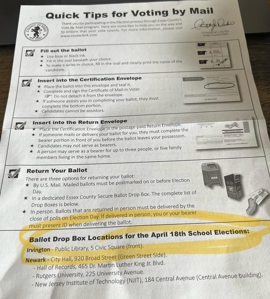 An image was sent to us via email showing the incorrect date on the mail-in ballot instructions for the upcoming Newark school board elections on Tuesday, April 16th.