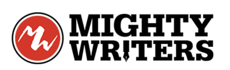 Mighty-writer-logo-in-black-and-red-on-white-background