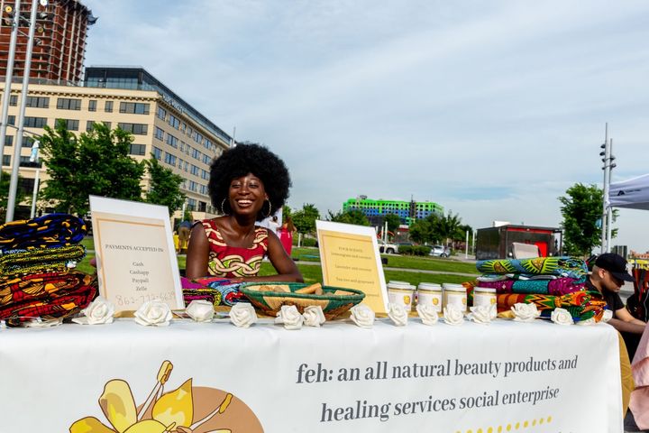 Photo of vendor Jessica at a Newark First Friday market.